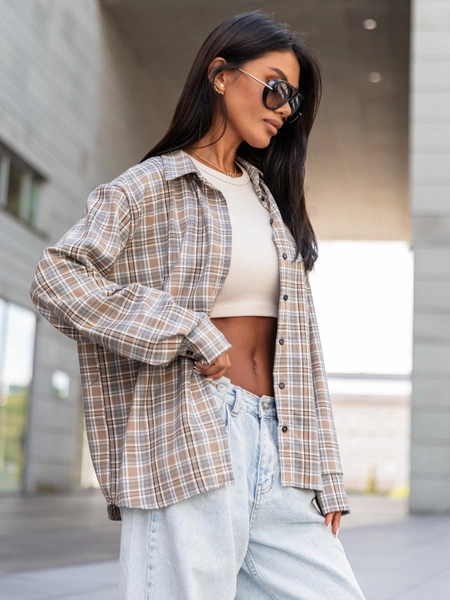 Oversizowa KOSZULA w kratę beżową wzór 4 X363 k01