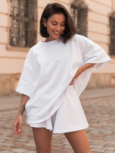 Dresowy bawełniany KOMPLET długi oversizowy t-shirt i krótkie spodenki biały X134 k01