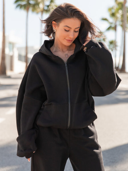 Oversizowa BLUZA z kapturem zapinana na zamek bluzowana kangurka z bawełnianej dresówki czarna X1