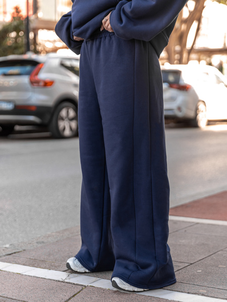 Bawełniane dresowe SPODNIE szeroki krój bez ściągaczy z dresu drapanego navy blue X512