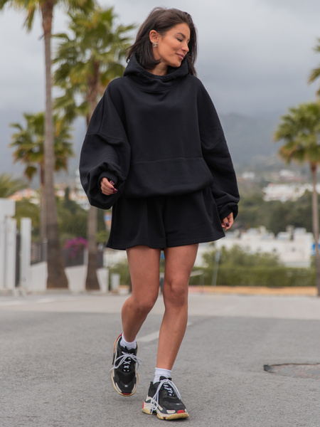 Viralowa Bawełniana BLUZA z drapanego dresu z kapturem na stójce z kieszeniami kangurka czarny E1