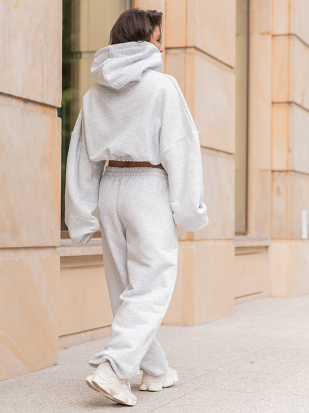 Dresowa bawełniana BLUZA kangurka z kapturem o krótszym kroju bluzowana szary melanż X304