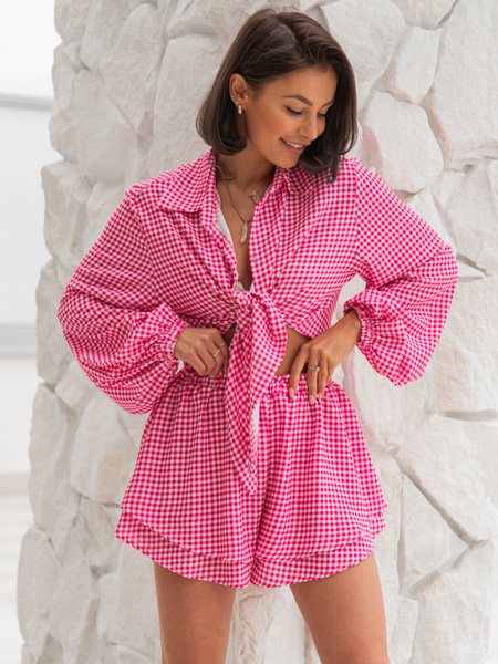 Zwiewna KOSZULA oversizowa wiązana w kratkę czerwona X206 k01