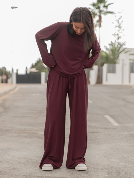 Luźny codzienny KOMPLET z wiscozy oversizowy t-shirt i luźne spodnie śliwkowy X475