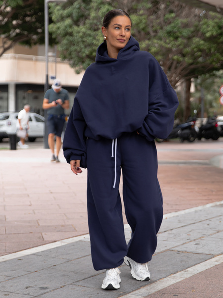 Dresowe bawełniane SPODNIE baggy niski stan navy blue X403