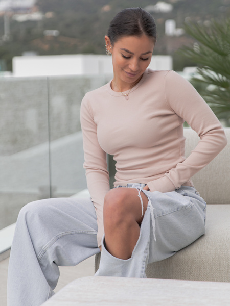 Bawełniana basicowa BLUZKA z prążkowanej dzianiny beżowa X513