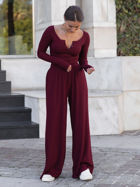 Luźne komfortowe SPODNIE z prążkowanej dzianiny wiscoza i bawełna bordowe X507