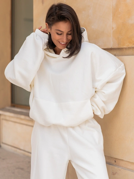Viralowa Dresowa bawełniana BLUZA z kapturem oversize szeroka ecru E644