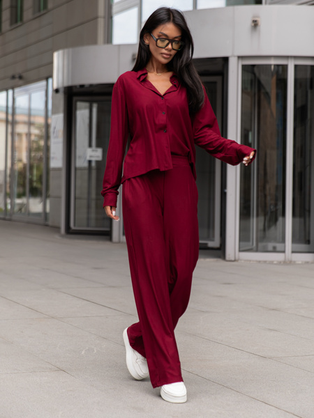 Wiskozowy codzienny KOMPLET lużna bluzka o kroju koszuli i luźne spodnie bordowy X357 k01