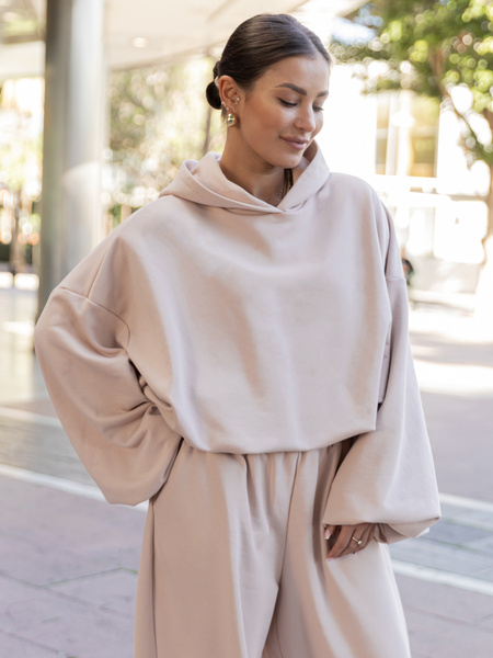 Bawełniana dresowa BLUZA z kapturem oversize z szerokimi rękawami z dresu pętelkowego beżowa X515