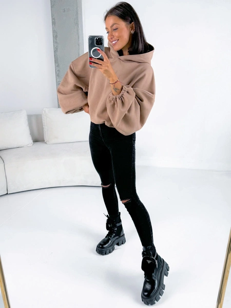Szeroka luźna BLUZA z kapturem oversize beżowa E348 k01