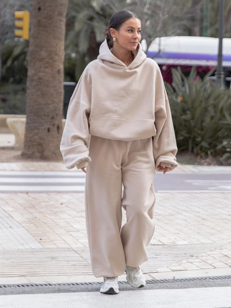 Dresowe bawełniane SPODNIE baggy beżowe E643