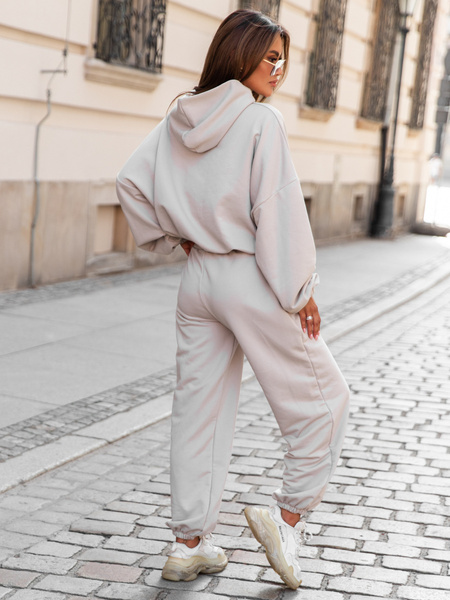 Dresowy bawełniany KOMPLET oversizowy bluza z kapturem i szerokie spodnie ze ściągaczami stone E315