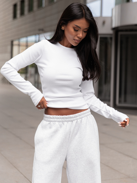 Basic Bawełniana BLUZKA z prążkowanej dzianiny biała X355