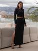 Elegancki KOMPLET krótka bluzka z poduszkami na ramionach i spódnica maxi z rozporkiem czarna X455