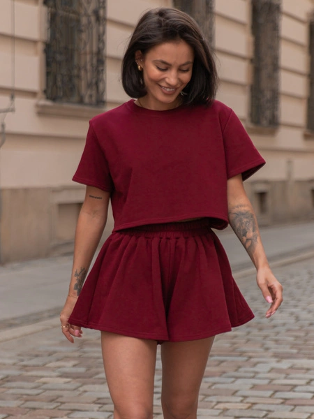 Dresowy bawełniany KOMPLET krótki oversizowy t-shirt i krótkie spodenki bordowy X133