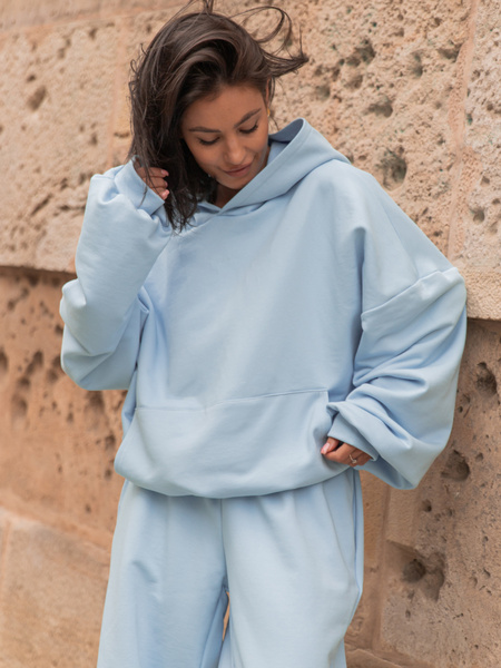 Luźna BLUZA z kapturem oversize szeroka z bawełnianej dresówki niedrapanej od wewnątrz baby blue X150 k01