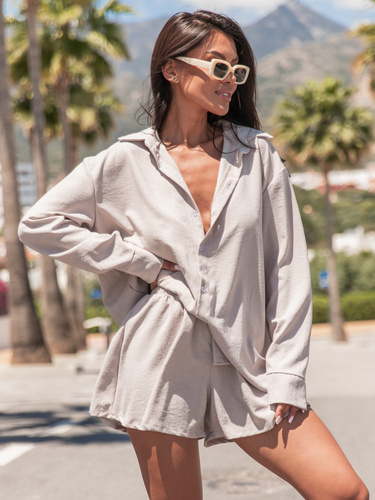 KOMPLET oversizowa koszula z długim rękawem i krótkie spodenki z tkaniny ala len beżowy X166 k01