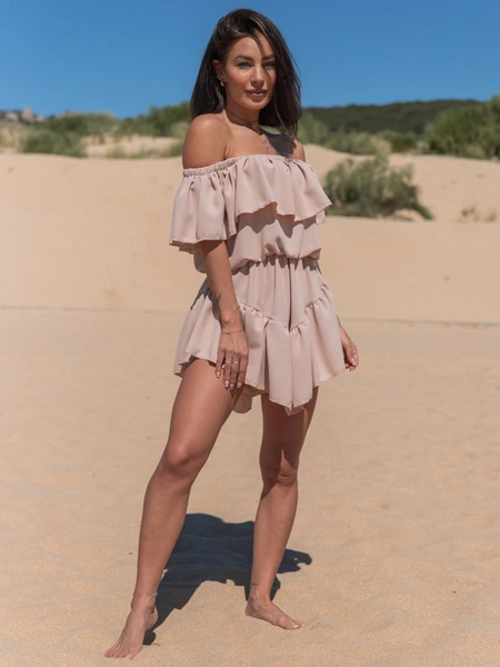 Zwiewna SUKIENKA z wszytymi spodenkami KOMBINEZON w stylu hiszpańskim beżowy X108 k01