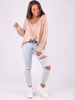 SWETER Z DEKOLTEM V OVERSIZE beżowy B189 k01