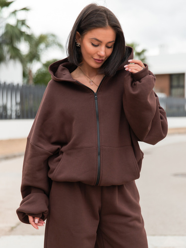 Oversizowa BLUZA z kapturem zapinana na zamek bluzowana kangurka z bawełnianej dresówki brązowa X1