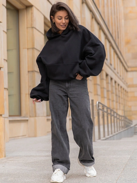 Viralowa Dresowa bawełniana BLUZA z kapturem oversize szeroka czarna E644