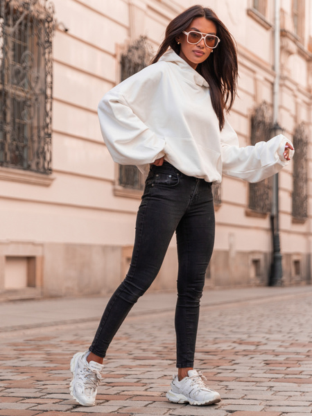 Bawełniana BLUZA z drapanego dresu z kapturem na stójce z kieszeniami kangurka ecru E1