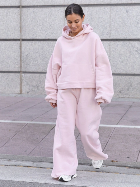 Oversizowa bawełniana BLUZA kangurka z kapturem z prostym ściągaczem z dresu drapanego baby pink X511