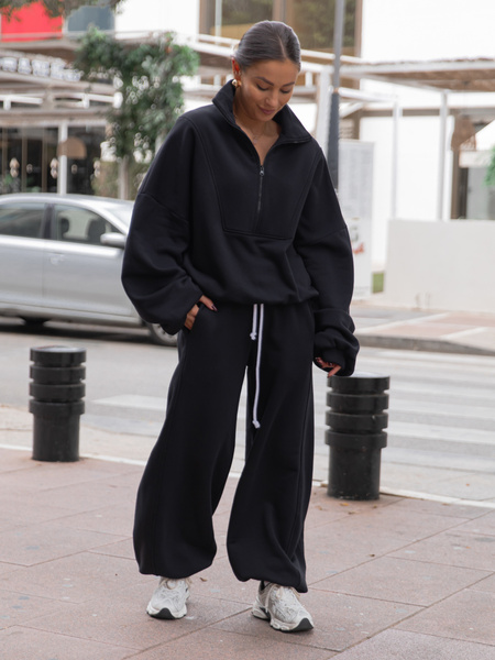 Oversizowe bawełniane SPODNIE dresu drapanego z przeszyciem i ściągaczami czarne X476