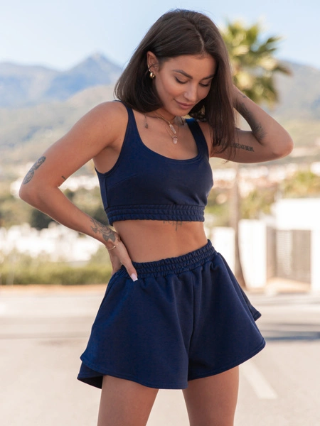 Dresowy bawełniany KOMPLET krótki top na ramkach i krótkie spodenki navy blue X120 k01