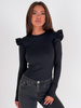 Bawełniana BLUZKA z elastycznej dzianiny prążkowanej z falbankami na ramionach czarna E510 k01