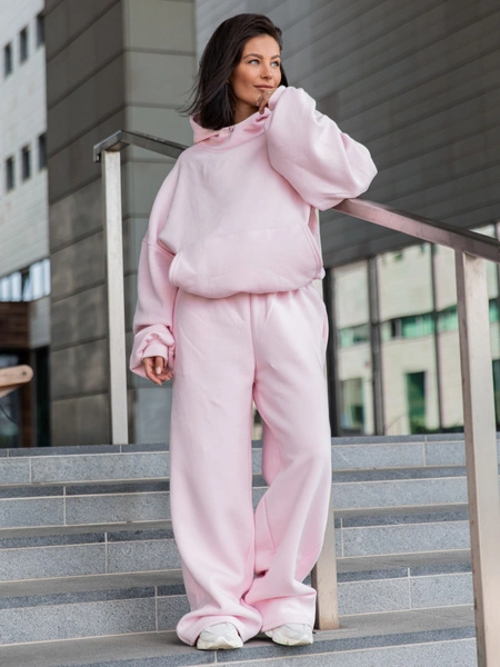 Dresowe bawełniane SPODNIE  z szerokimi nogawkami baby pink X31