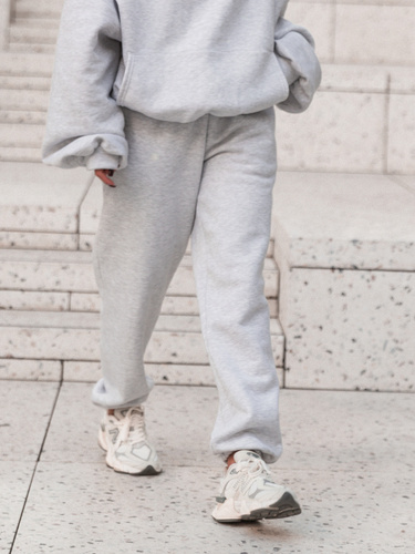 Dresowe bawełniane SPODNIE z wysokim stanem luźny krój ze ściągaczami szary melanż E341