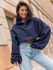Dresowa bawełniana BLUZA kangurka z kapturem o krótszym kroju bluzowana navy blue X304