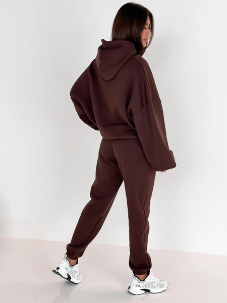 Dresowe bawełniane SPODNIE z wysokim stanem luźny krój ze ściągaczami brązowe E341