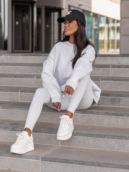 Bawełniany KOMPLET asymetryczna dresowa oversizowa bluza bez kaptura i spodnie legginsy z prążkowanej dzianiny szary melanż X351 k01