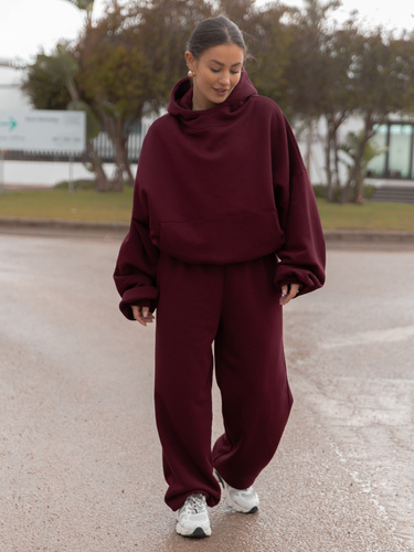 Oversizowy KOMPLET z drapanego bawełnianego dresu bluza z kapturem na stójce kangurka i spodnie szerokie baggy bordowy E1 + E643