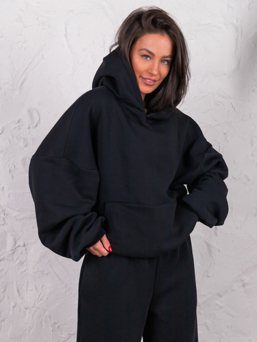 Dresowa bawełniana BLUZA z kapturem oversize szeroka czarna E644