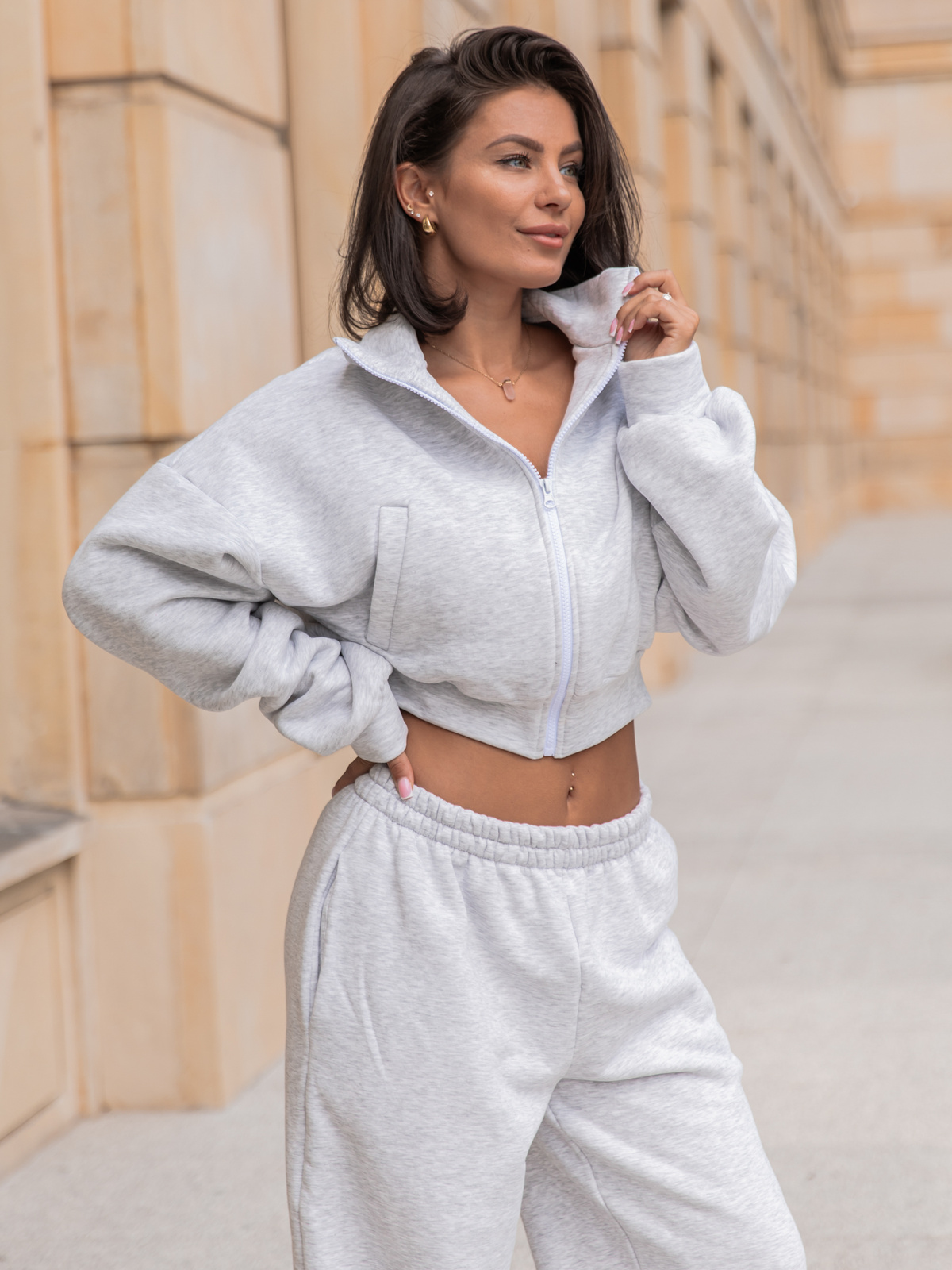 Dresowa bawełniana BLUZA na stójce zapinana na zamek szary melanż X300 k01