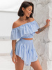 KOMPLET bluzka hiszpanka z odkrytymi ramionami i asymetryczne spódnico spodenki ze zwiewnej tkaniny w kratkę baby blue X209 k01