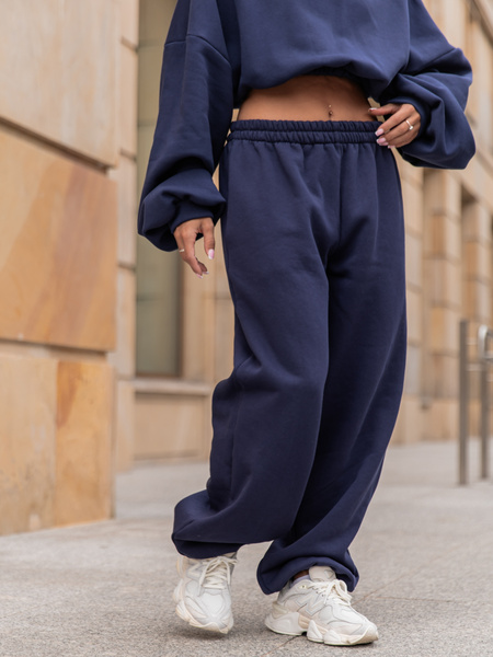 Dresowe bawełniane SPODNIE baggy navy blue E643