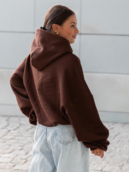 Viralowa Bawełniana BLUZA z drapanego dresu z kapturem na stójce z kieszeniami kangurka brązowa E1