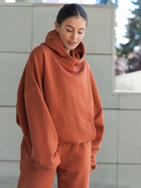 Viralowa Bawełniana BLUZA z drapanego dresu z kapturem na stójce z kieszeniami kangurka pumpkin orange E1 k01