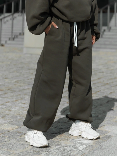 Dresowe bawełniane SPODNIE baggy niski stan dark khaki X403