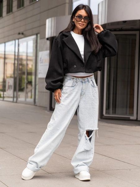 Oversizowa krótka KURTKA o szerokim kroju ze ściągaczem czarna X364