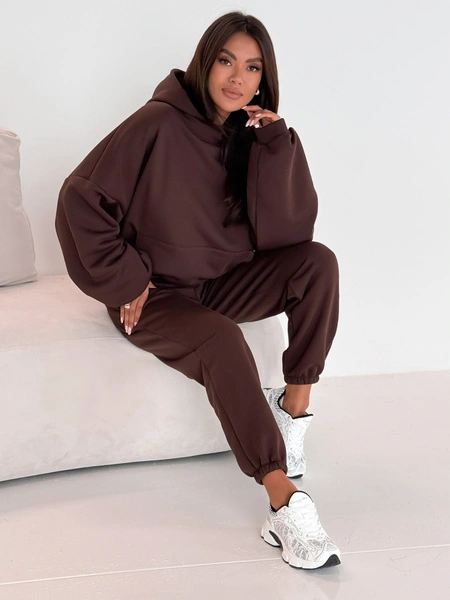 Dresowe bawełniane SPODNIE z wysokim stanem luźny krój ze ściągaczami brązowe E341