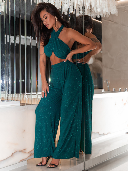 Elegancki brokatowy KOMPLET top halter i szerokie spodnie zielony E653 k01