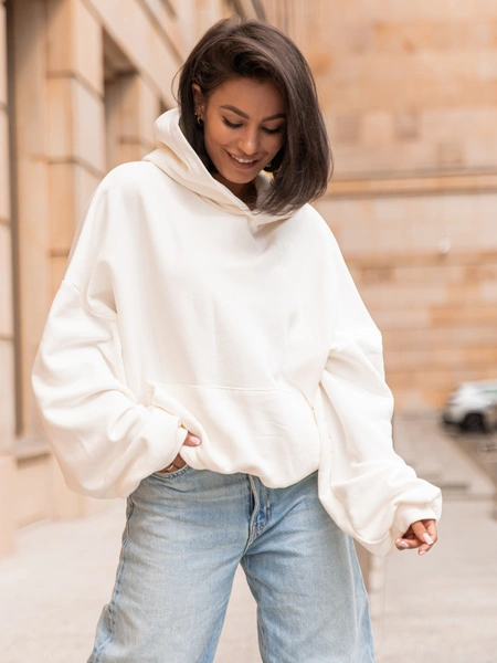 Viralowa Dresowa bawełniana BLUZA z kapturem oversize szeroka ecru E644