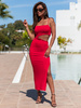 Dopasowana SUKIENKA maxi na ramiączkach z wycięciem w pasie czerwona E217 k01