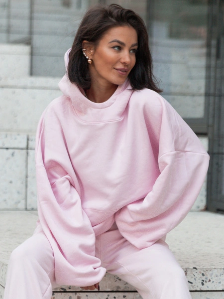 Bawełniana BLUZA z drapanego dresu z kapturem na stójce z kieszeniami kangurka baby pink E1